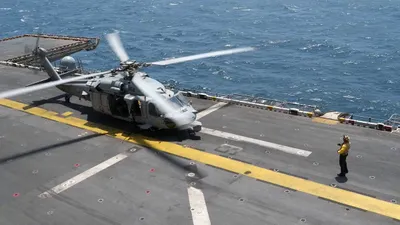 @U.S. Central Command: USS Boxer (LHD 4) conducts flight operations in the Arabian Sea. Boxer and its embarked Marine Expeditionary Unit continue to enforce the U.S. blockade against Iran. As of Sept. 18, CENTCOM forces hav