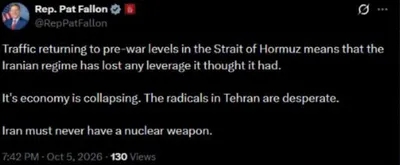 پت فالون: رژیم تهران اهرم فشار خود را از دست داده و اقتصادش در حال فروپاشی است پت فالون، نماینده جمهوری‌خواه کنگره آمریکا، گفت بازگشت ترافیک دریایی تنگه هرمز به سطح پیش از جنگ نشان می‌دهد…
