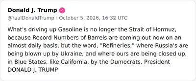POTUS: "What's driving up Gasoline is no longer the Strait of Hormuz, because Record Numbers of Barrels are coming out now on an almost daily basis, but the word, "Refineries," where Russia's are…