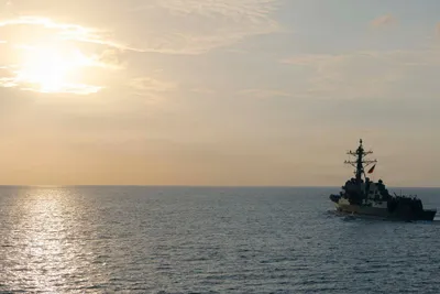 USS Rafael Peralta (DDG 115) transits regional waters in support of the naval blockade against Iranian ports. As of Oct. 17, CENTCOM forces have redirected 138 commercial vessels to ensure strict…
