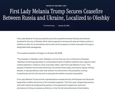 The White House has announced temporary and localized ceasefire between Ukraine and Russia in Oleshky. The office of U.S. First Lady Melania Trump announced that, through her mediation…